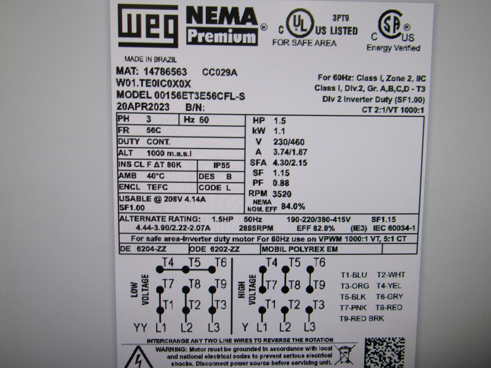 Mtr 1.5Hp 3Ph 60Hz 230/460V 3490rpm 56C NRB TEFC